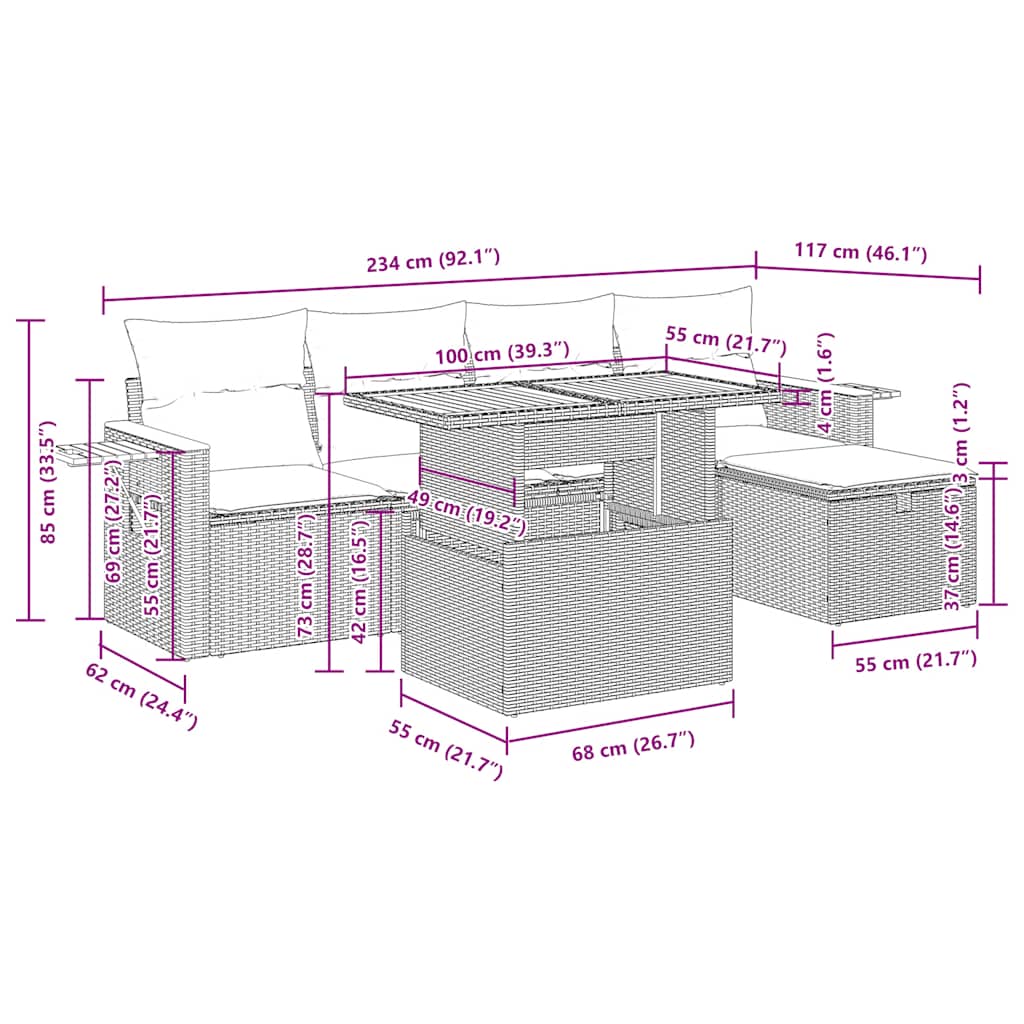 Set Divano da Giardino 6pz con Cuscini Grigio Polyrattan Acacia