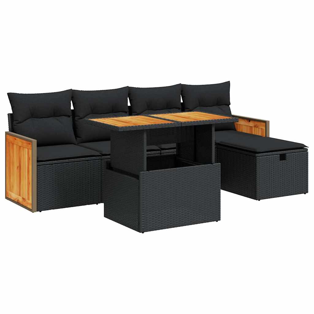 Set Divano da Giardino 6 pz con Cuscini Nero in Polyrattan