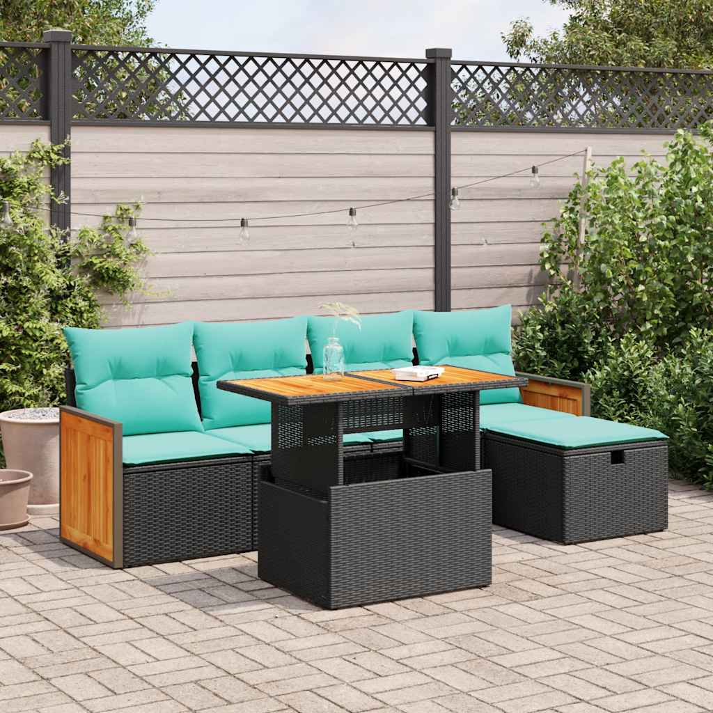 Set Divano da Giardino 6 pz con Cuscini Nero Polyrattan Acacia