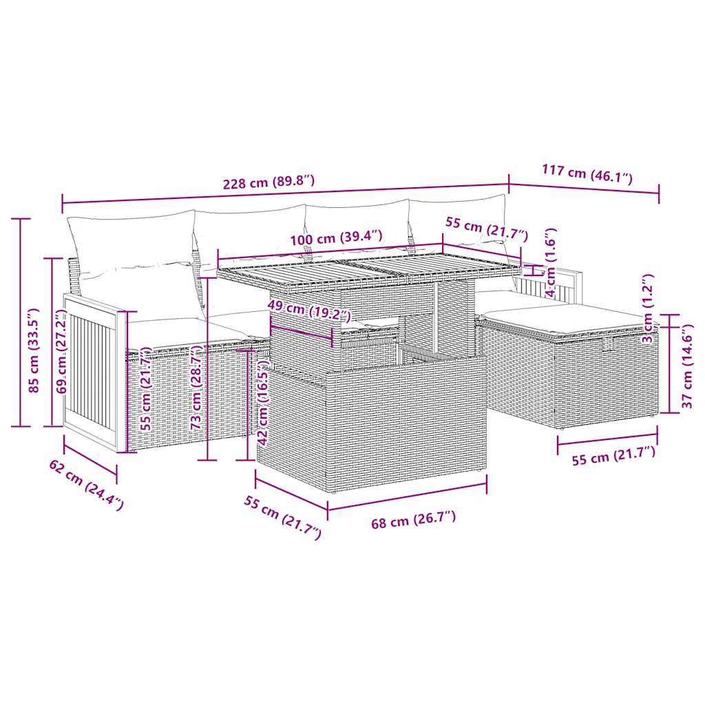 Set Divano da Giardino 6pz con Cuscini Grigio Polyrattan Acacia