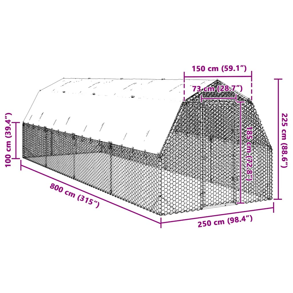 Recinto per Polli con Tetto 2,5x8x2,25 m in Acciaio Zincato