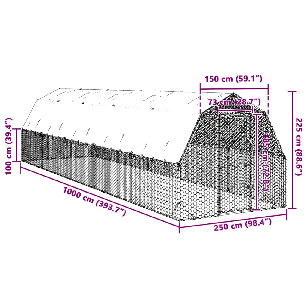 Recinto per Polli con Tetto 2,5x10x2,25 m in Acciaio Zincato