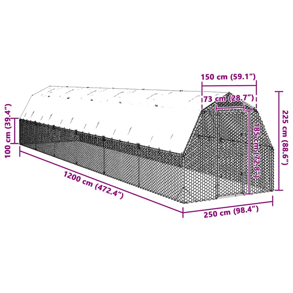 Recinto per Polli con Tetto 2,5x12x2,25 m in Acciaio Zincato