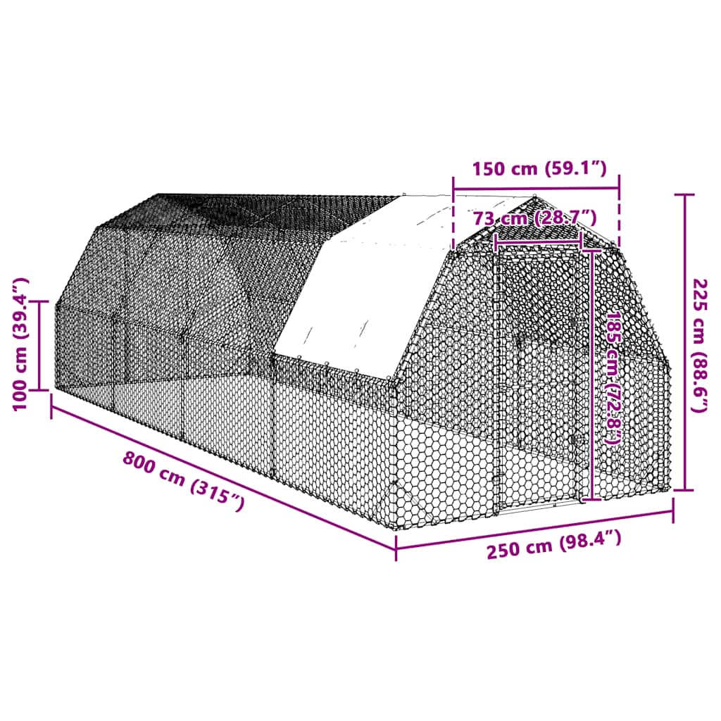 Recinto per Polli con Tetto 2,5x8x2,25 m in Acciaio Zincato