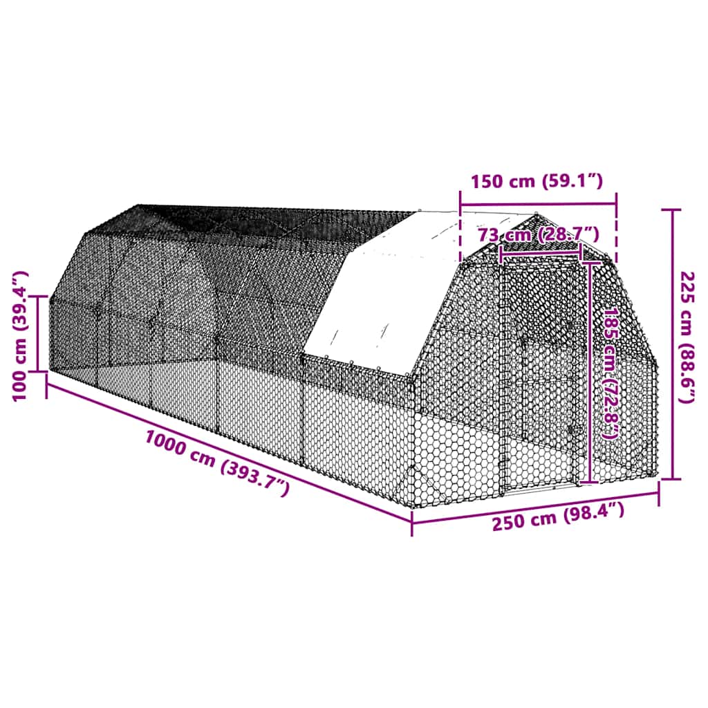 Recinto per Polli con Tetto 2,5x10x2,25 m in Acciaio Zincato