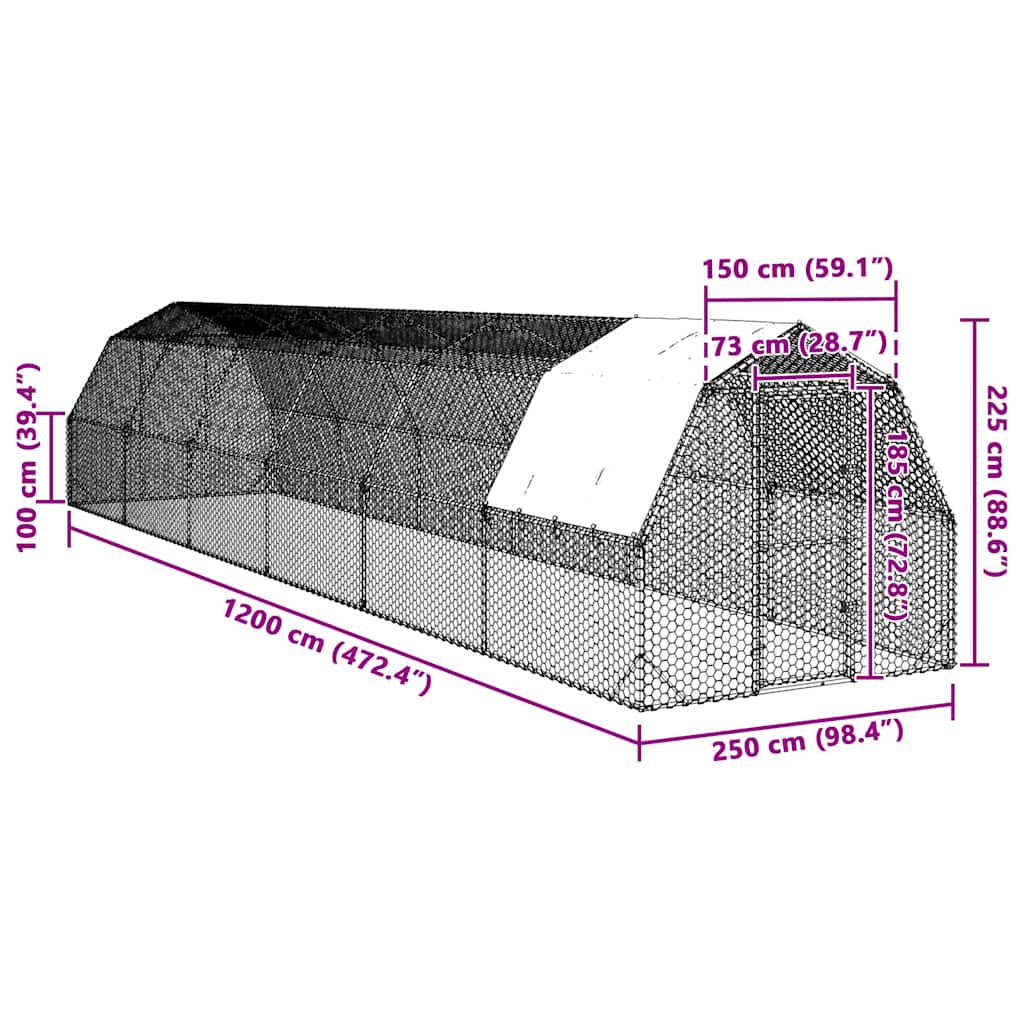 Recinto per Polli con Tetto 2,5x12x2,25 m in Acciaio Zincato