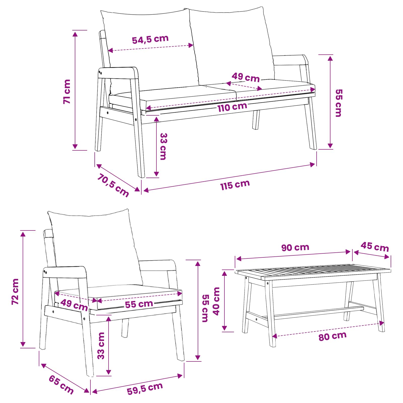 Set bistrot 4 pz Marrone Legno di Acacia Massello