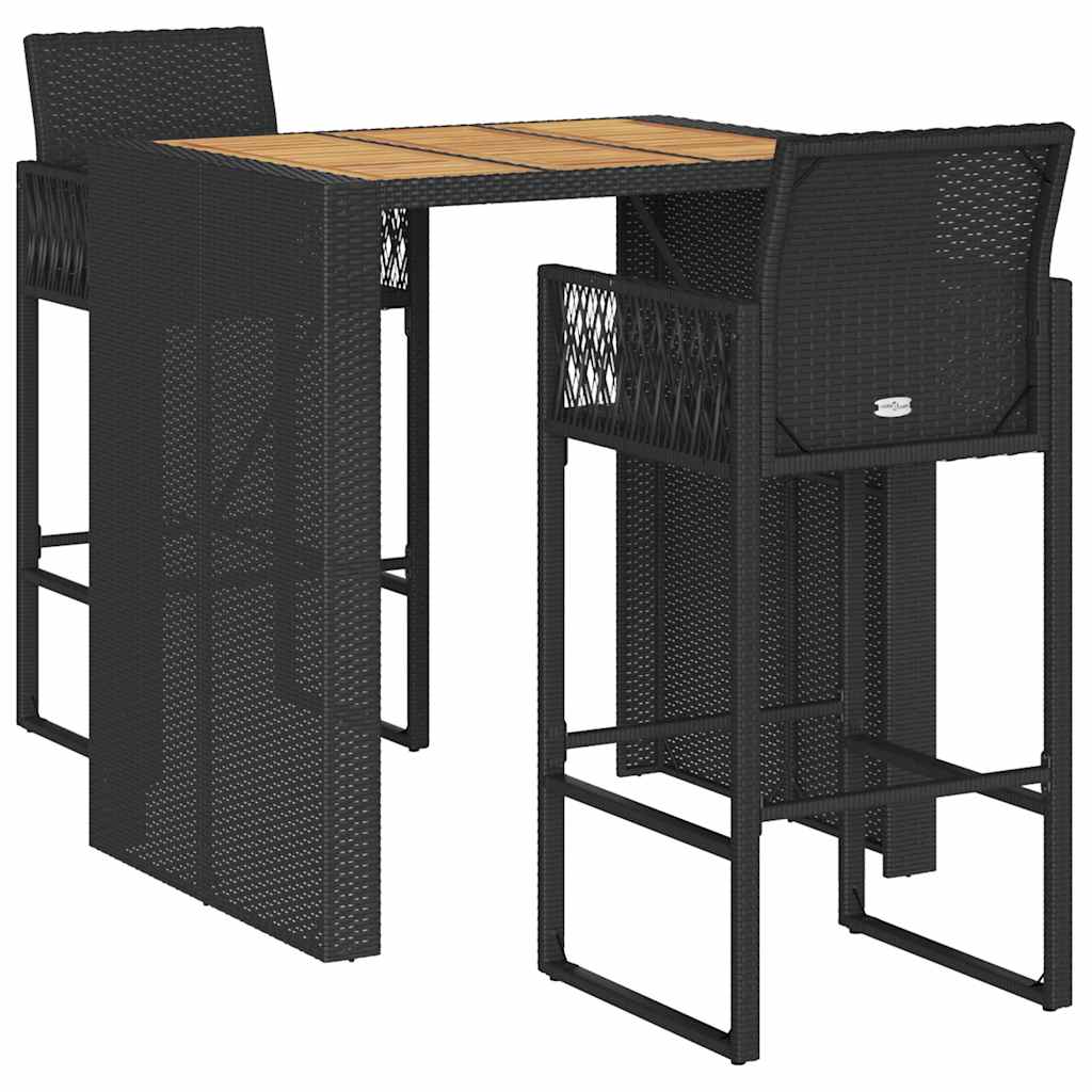 Set Bar da Giardino 3pz senza Cuscini Nero in Polyrattan Acacia