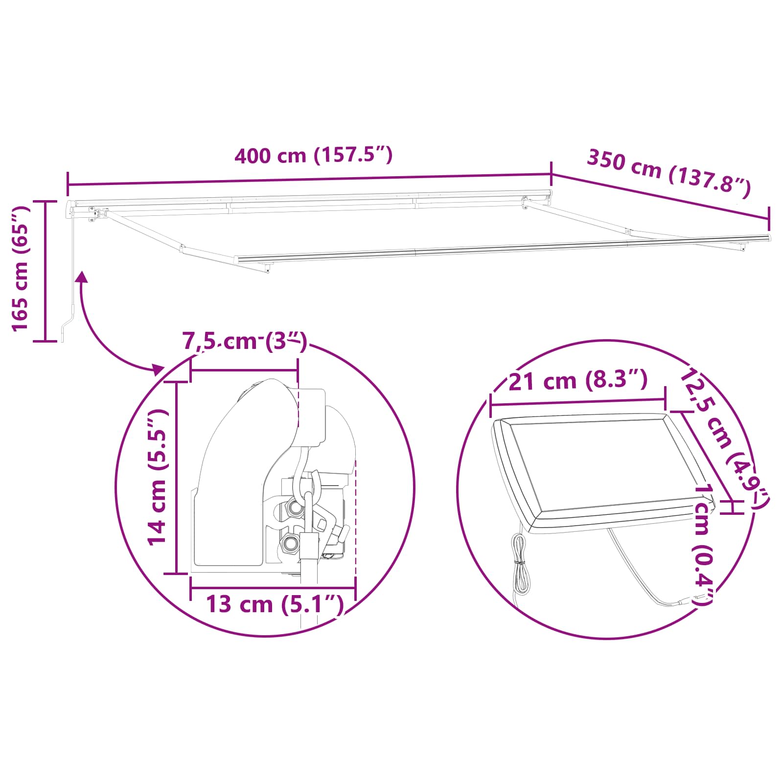 Tenda retrattile Bianco 400 × 350 cm Tessuto e Alluminio