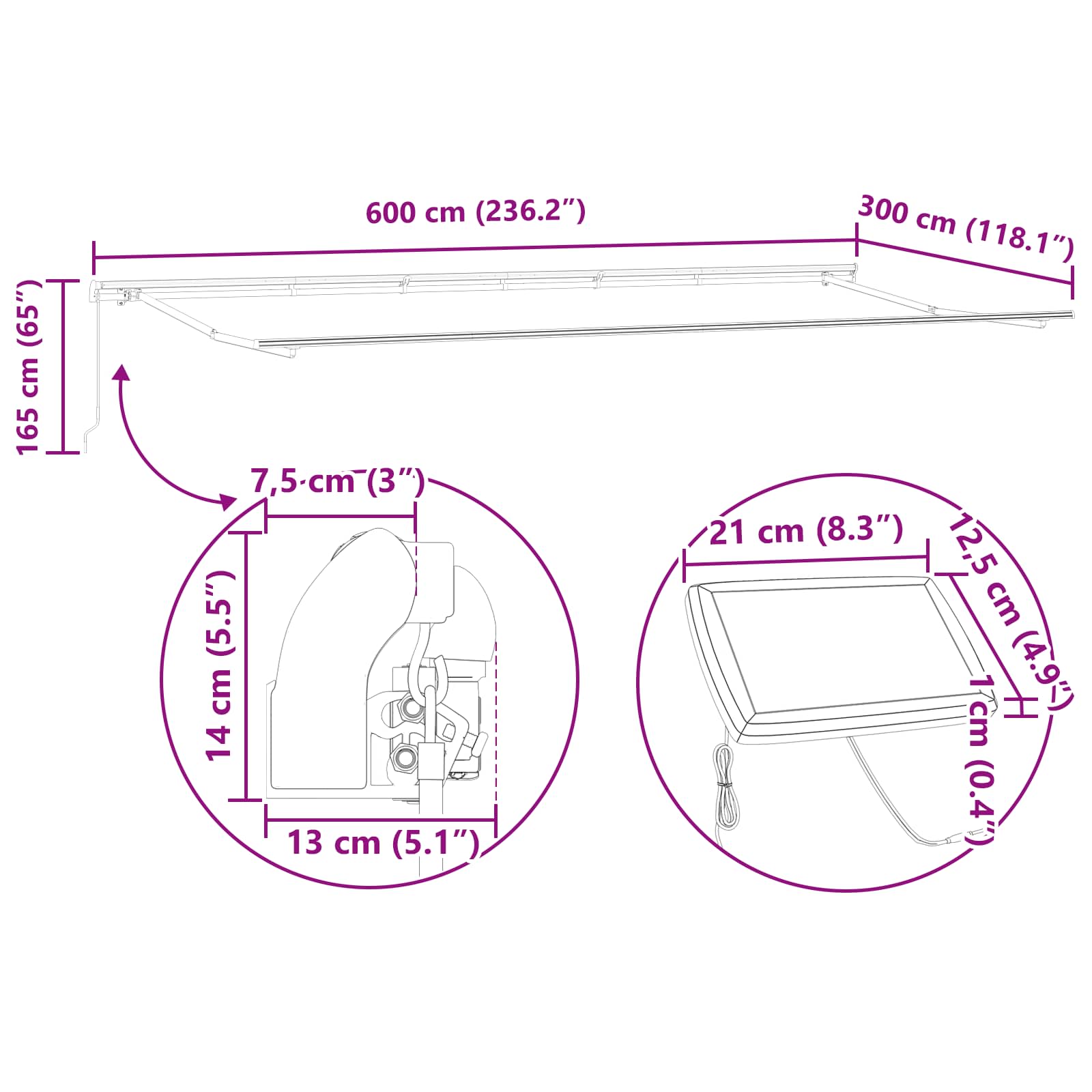 Tenda retrattile Nero 600 × 300 cm Tessuto e Alluminio