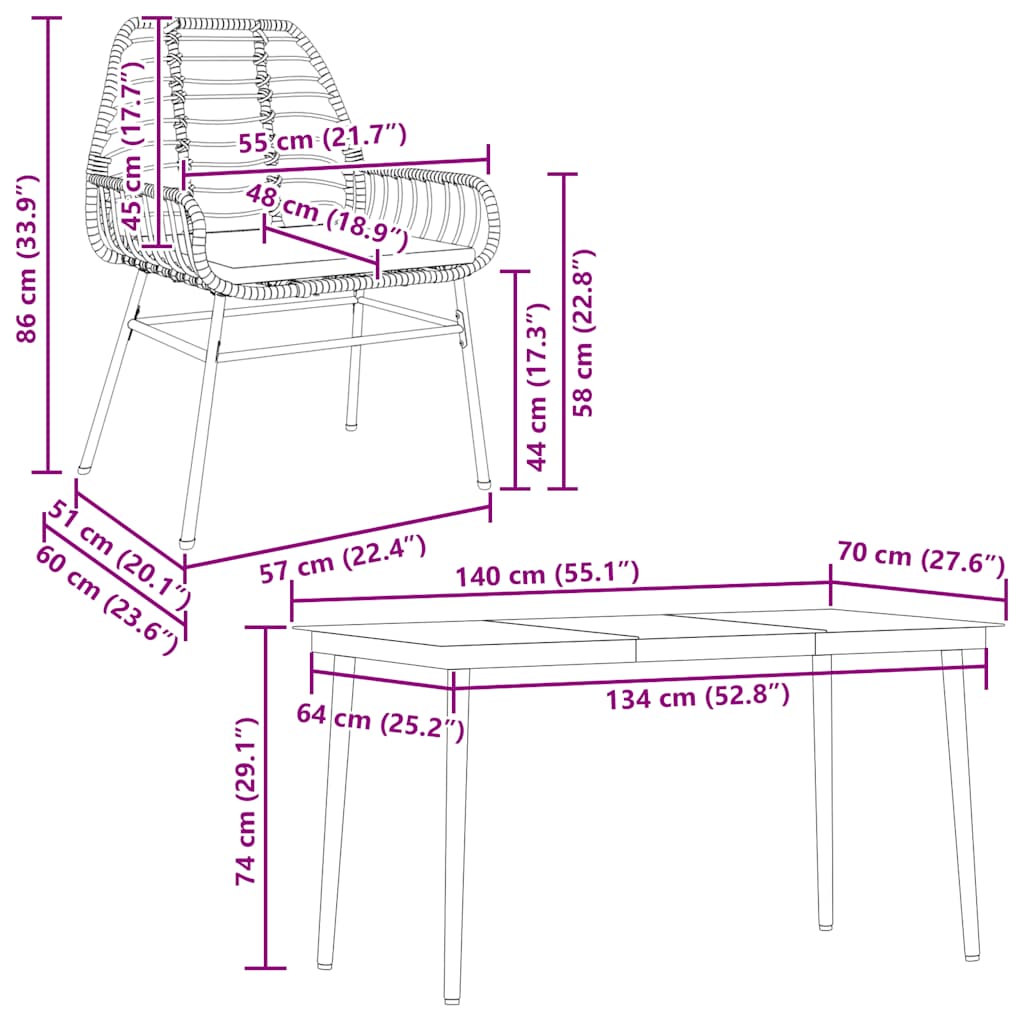 Set da Pranzo da Giardino con Cuscini 5 pz Polyrattan Vetro