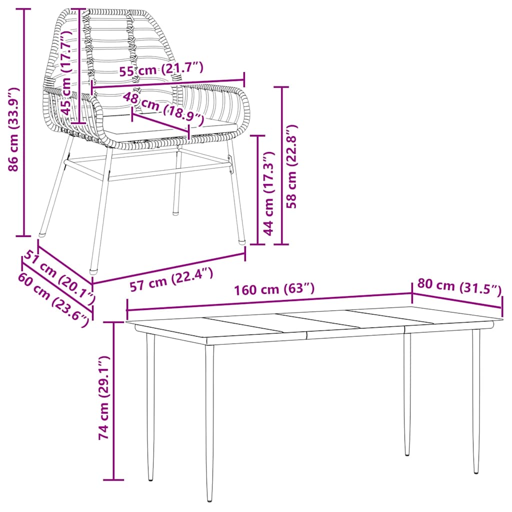 Set Pranzo da Giardino 7pz con Cuscini Marrone Polyrattan Vetro