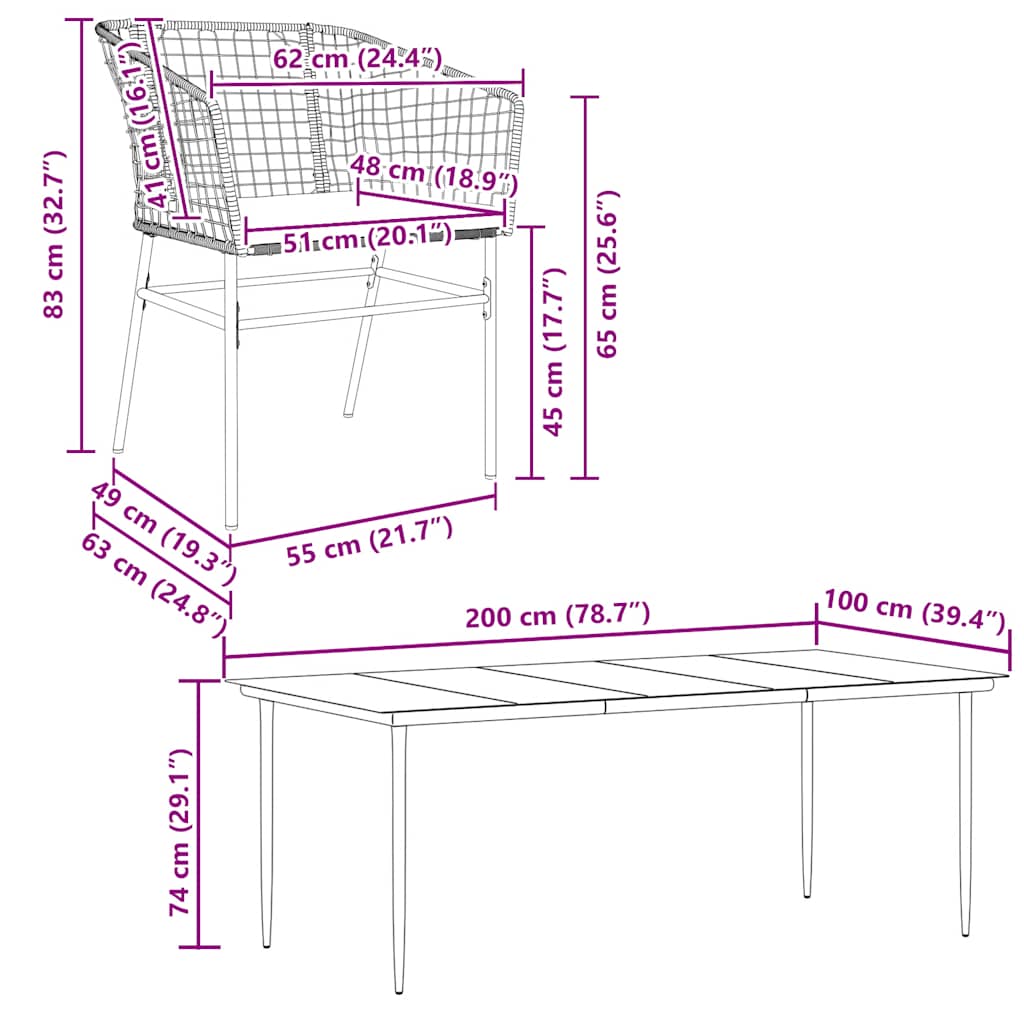 Set Pranzo da Giardino 7 pz Nero con Cuscini Polyrattan Vetro