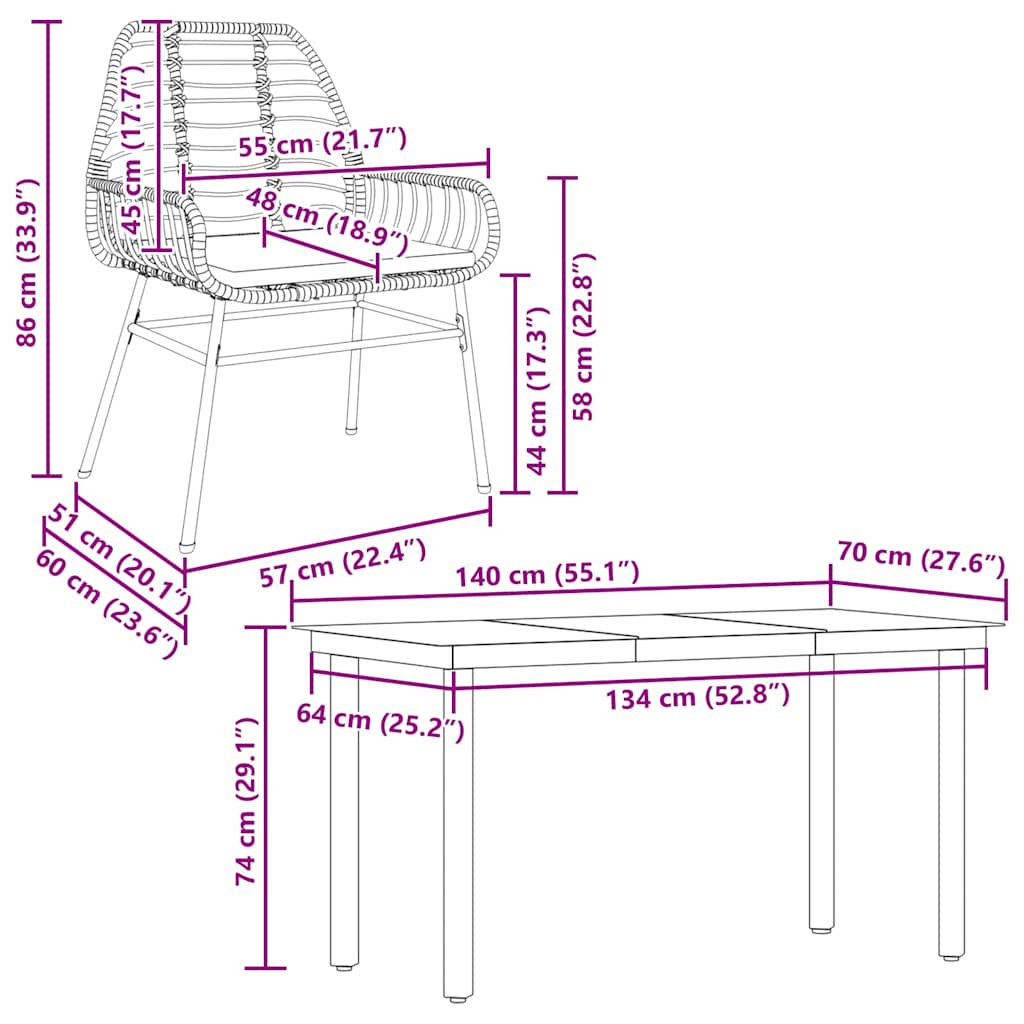Set da Pranzo da Giardino con Cuscini 5 pz Polyrattan Vetro