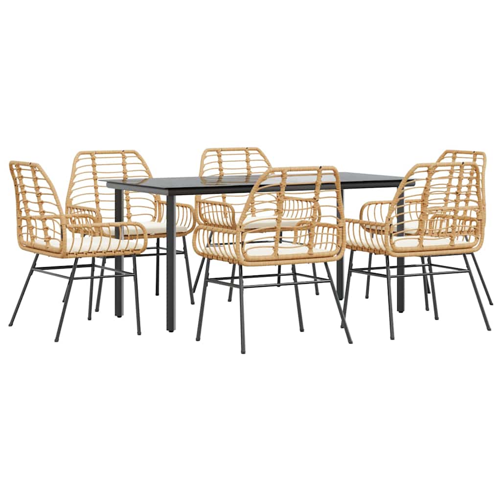 Set Pranzo da Giardino 7pz con Cuscini Marrone Polyrattan Vetro