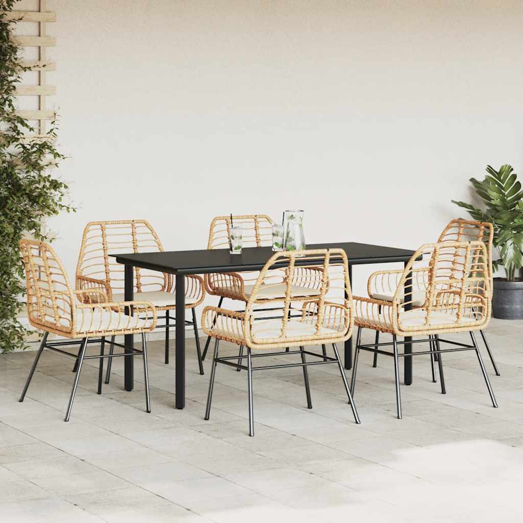 Set Pranzo da Giardino 7pz con Cuscini Marrone Polyrattan Vetro