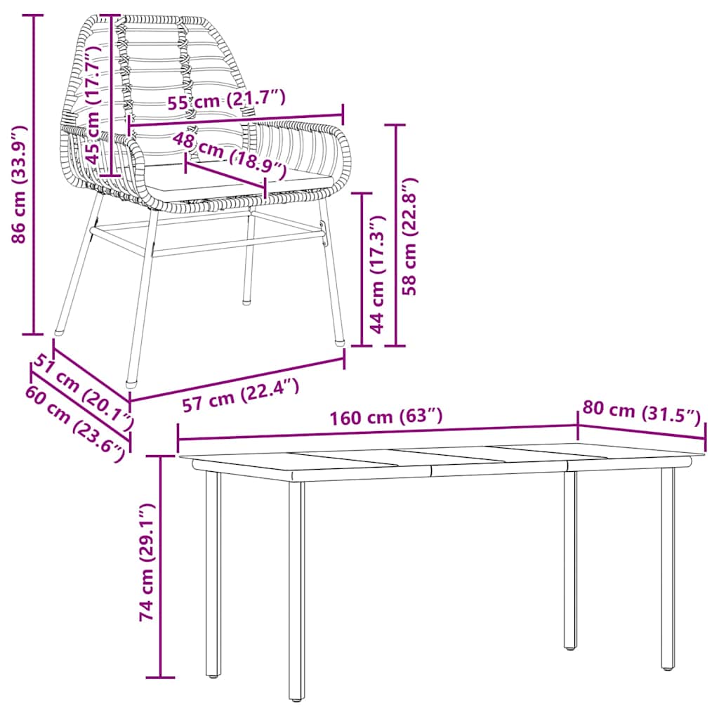 Set Pranzo da Giardino 7pz con Cuscini Marrone Polyrattan Vetro