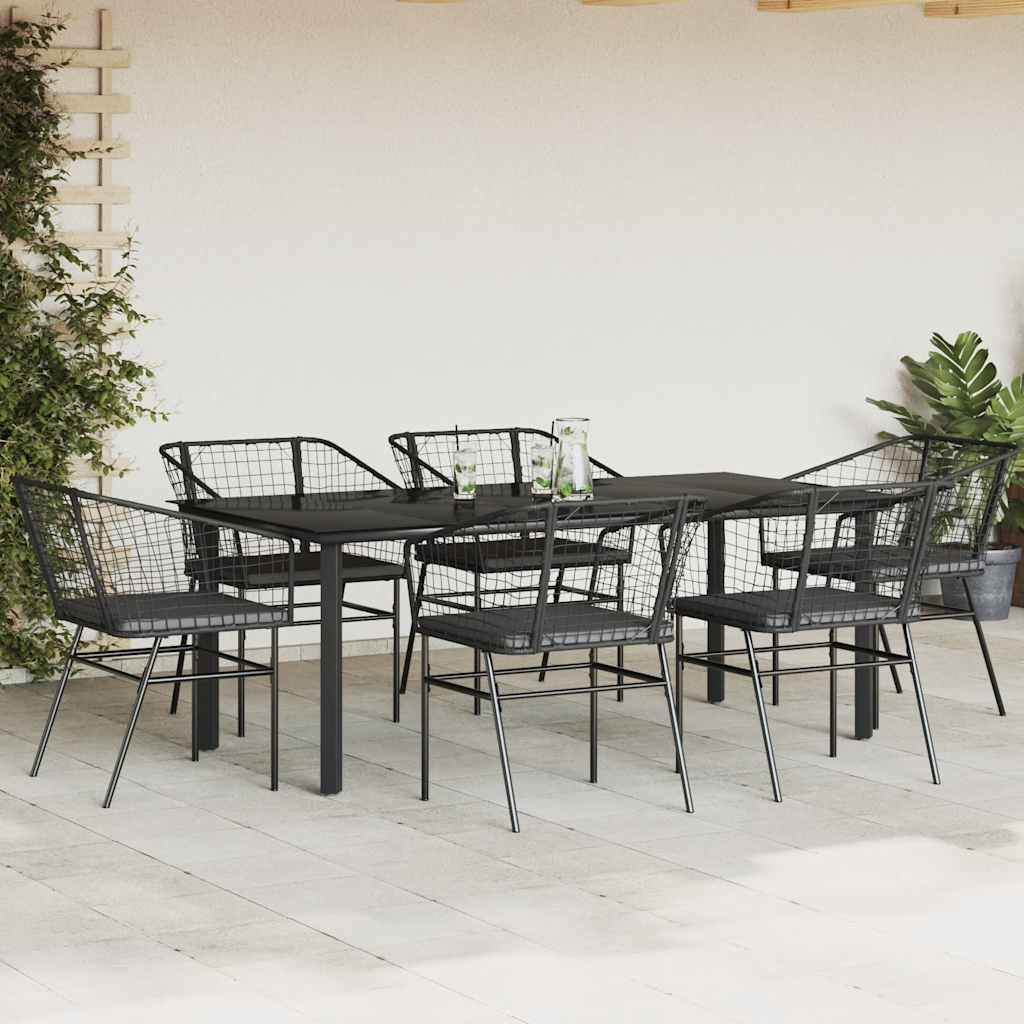 Set Pranzo da Giardino 7 pz Nero con Cuscini Polyrattan Vetro