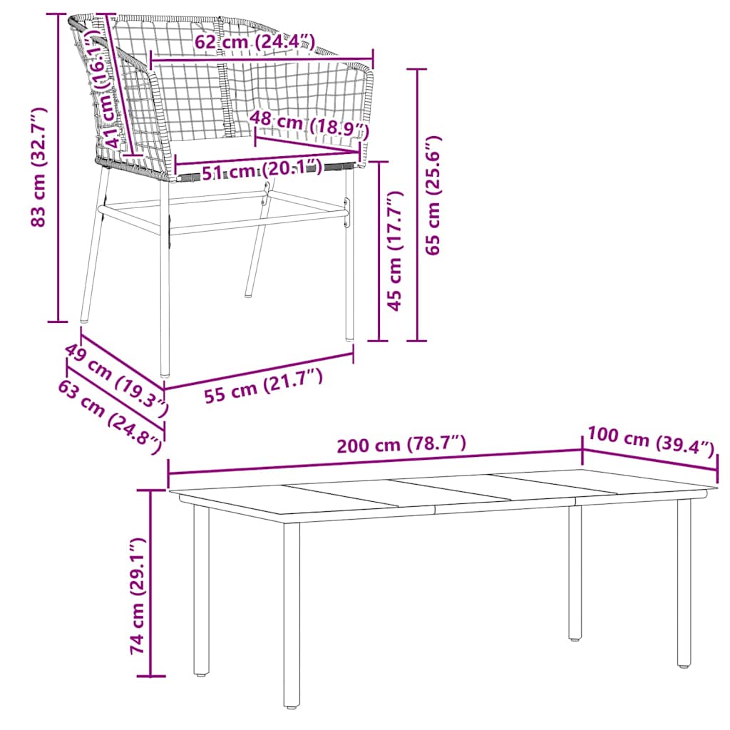 Set Pranzo da Giardino 7 pz Nero con Cuscini Polyrattan Vetro