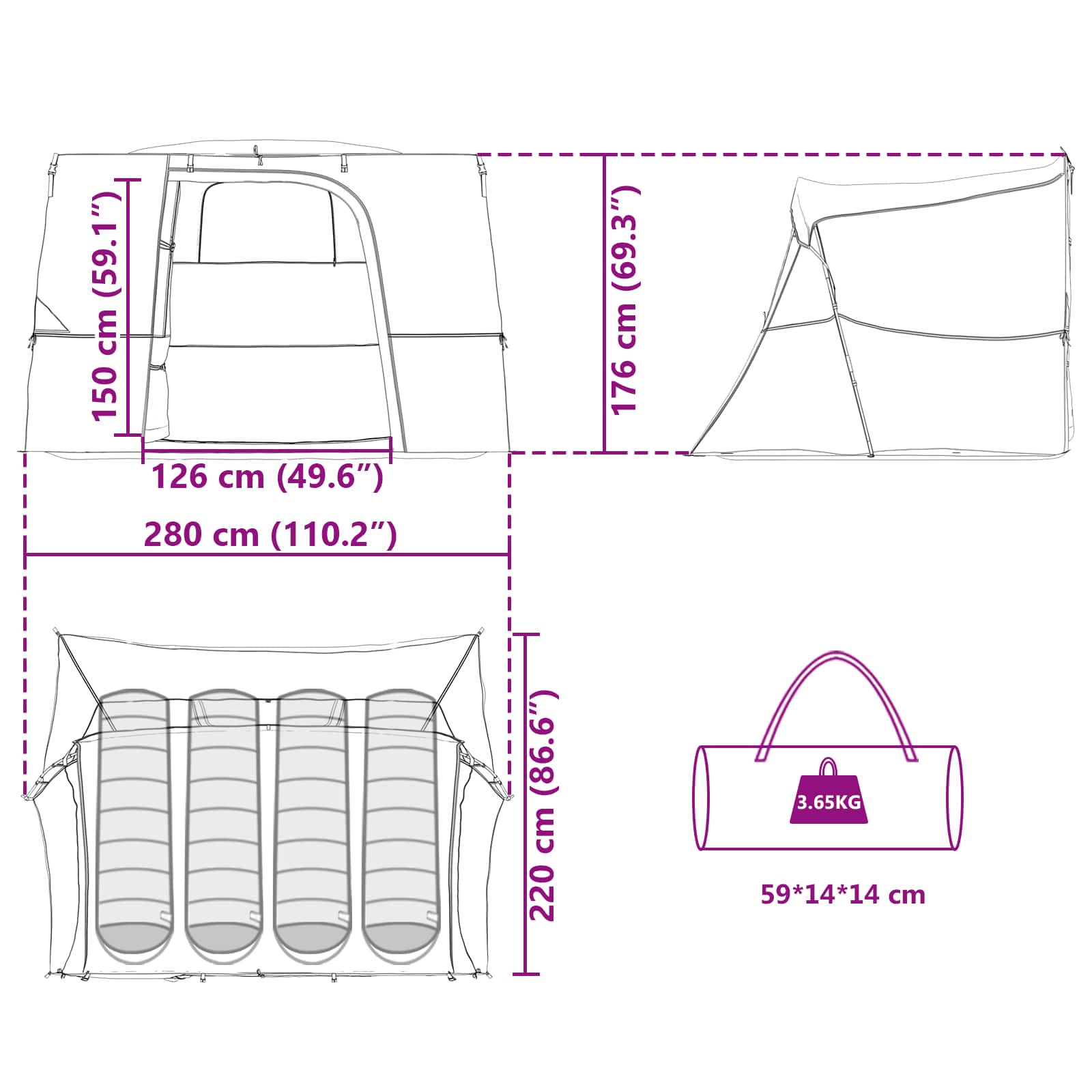 Set di Tende da Campeggio 2 pz 4 persona Arancione