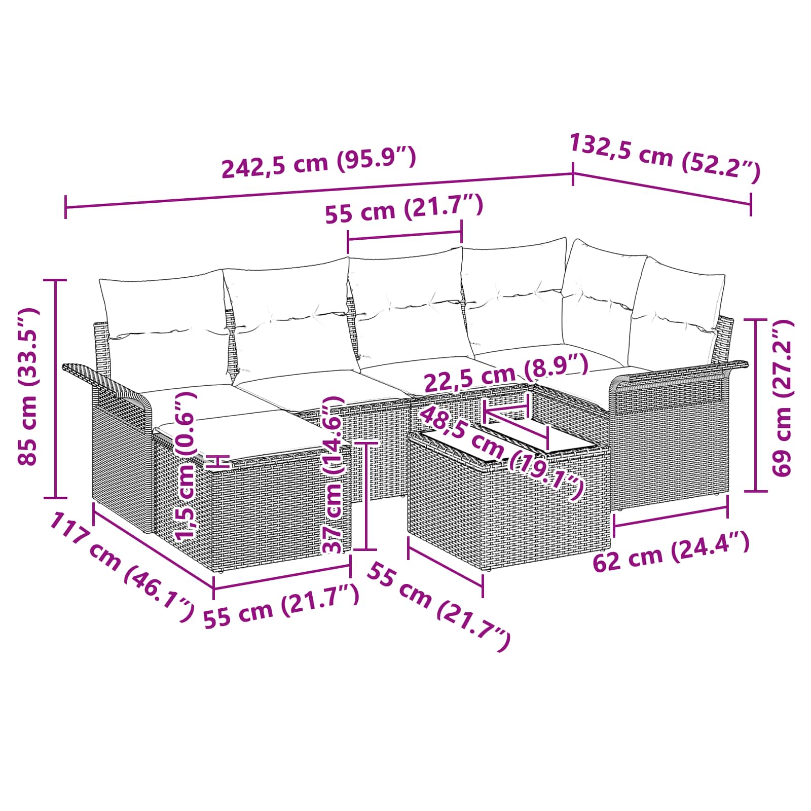Set Divano da Giardino 7 pz Marrone polyrattan