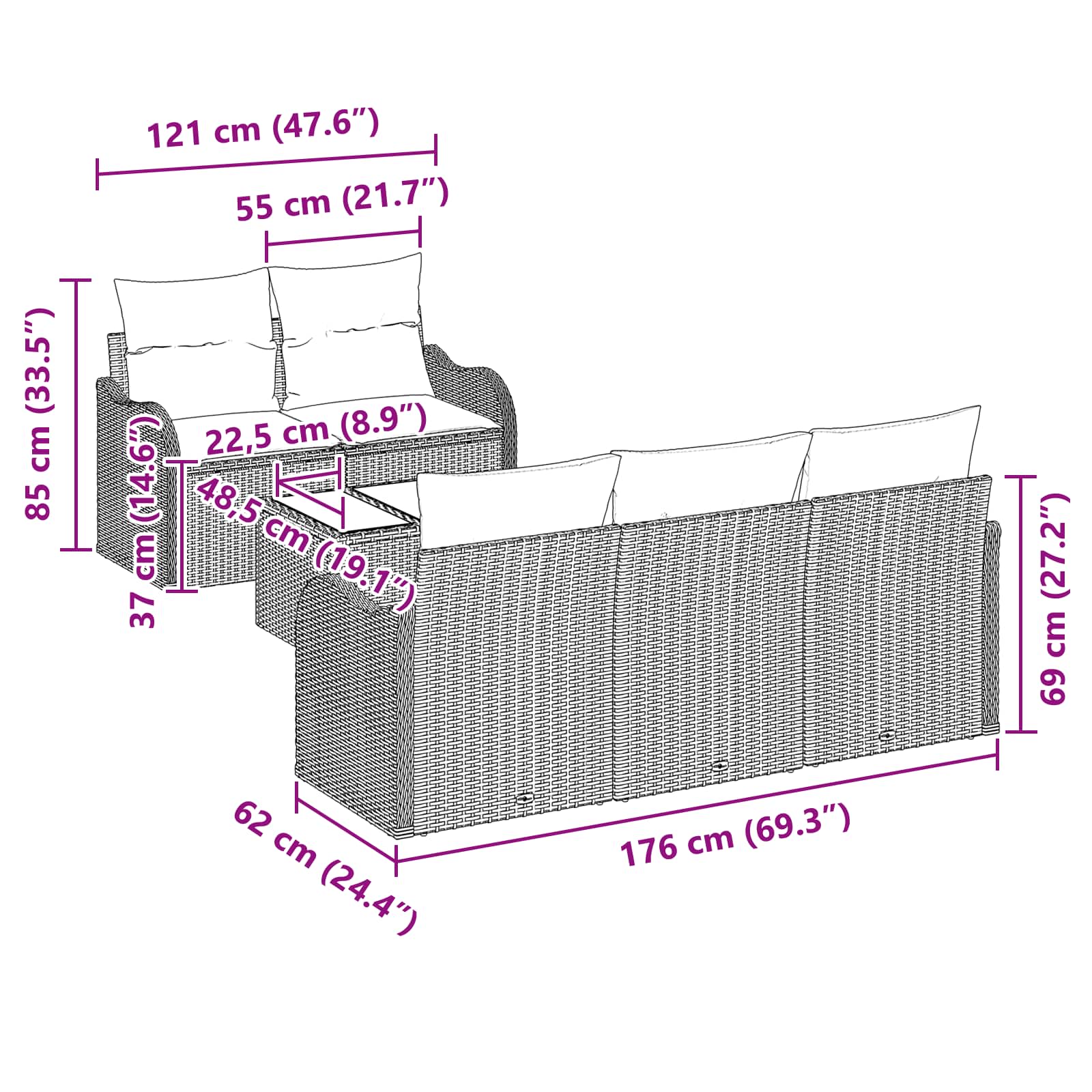 Set Divano da Giardino Grigio 55 x 55 x 37 cm polyrattan