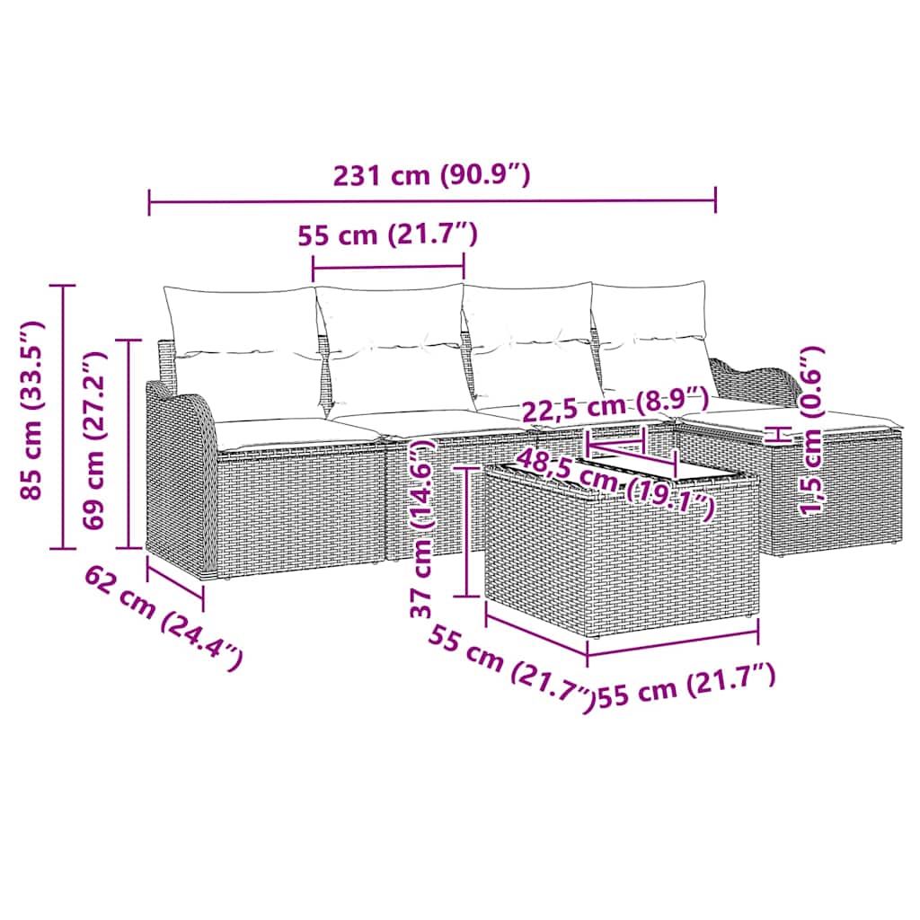 Set Divano da Giardino 6 pz Beige polyrattan