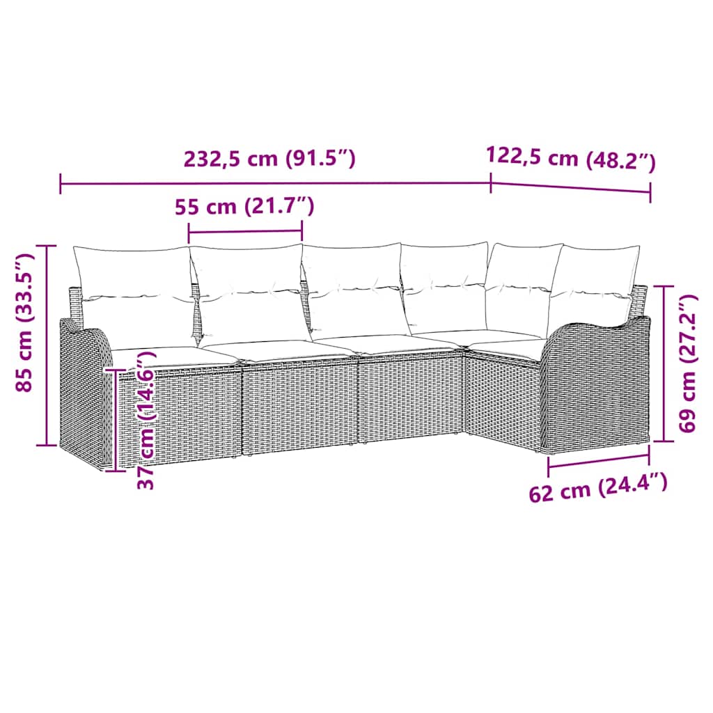 Set Divano da Giardino 5 pz Grigio polyrattan
