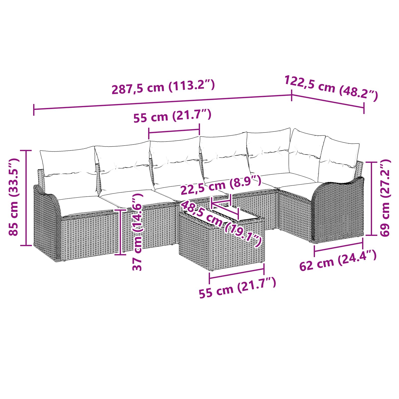 Set Divano da Giardino 7 pz 6-Posti Grigio polyrattan