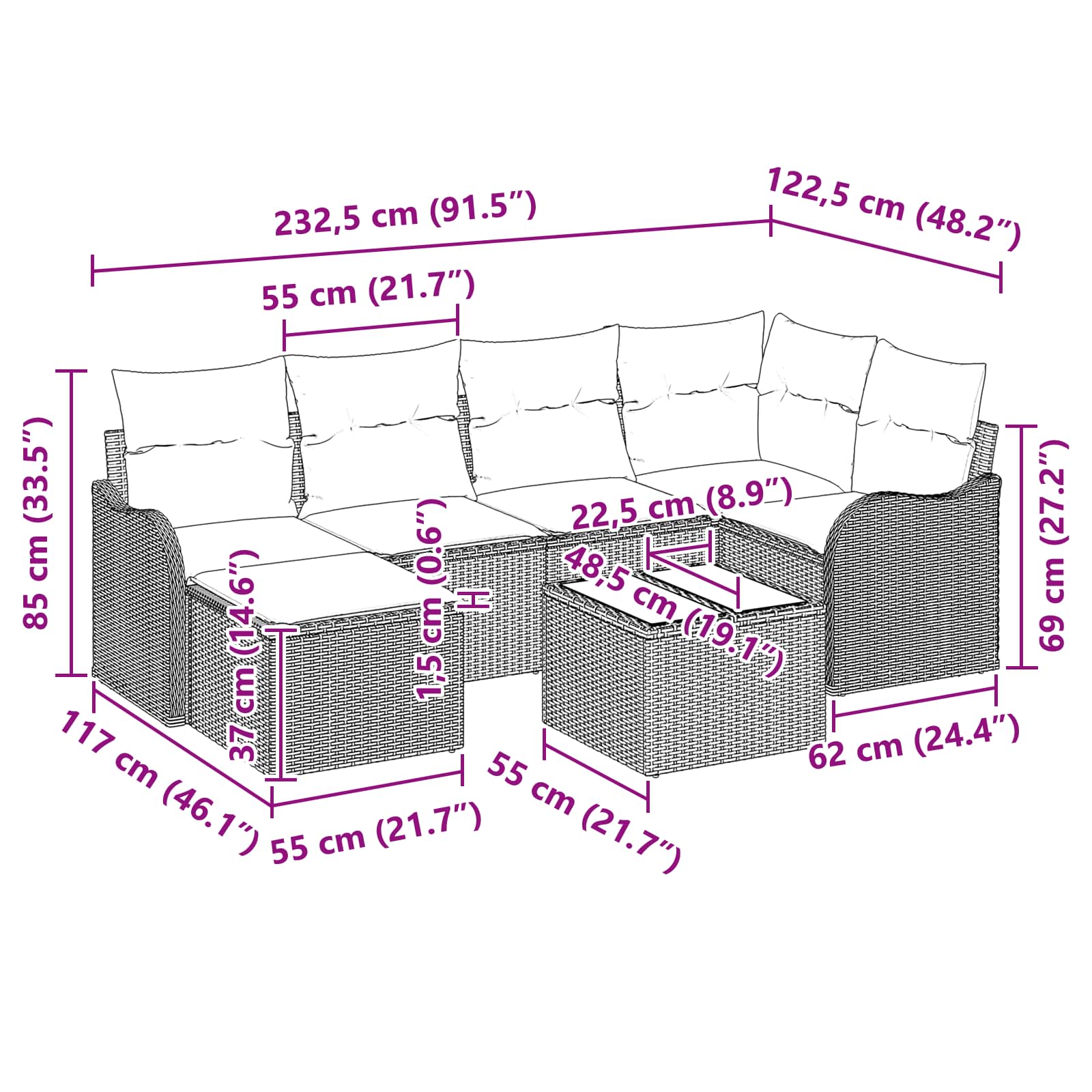 Set Divano da Giardino 7 pz Grigio polyrattan