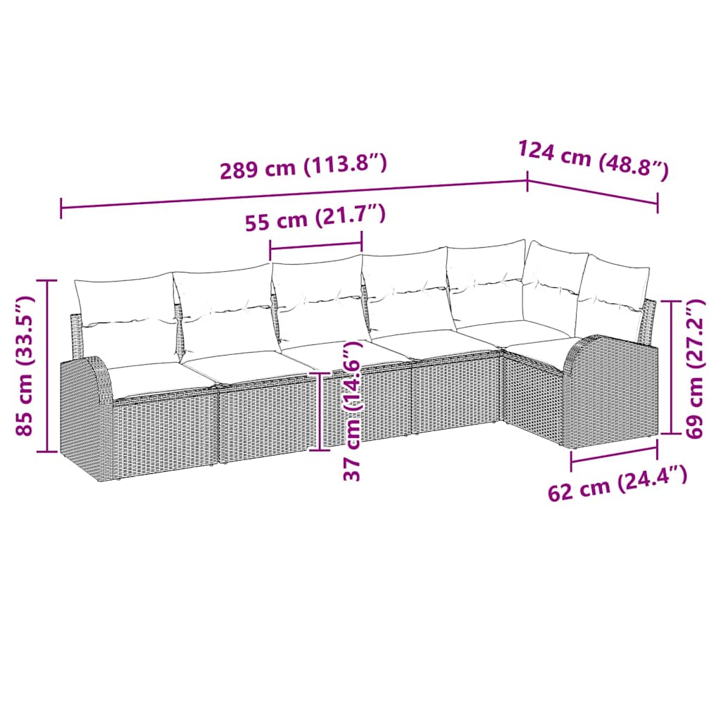 Set Divano da Giardino con cuscino 6 pcs Nero Poly Rattan