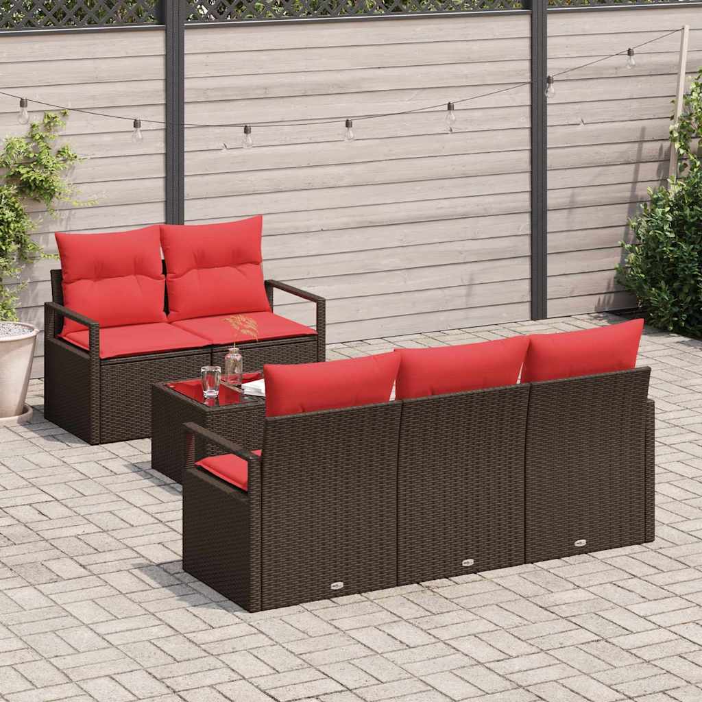 Set di divani 6 pz 5-Numero di posti Marrone e Rosso polyrattan