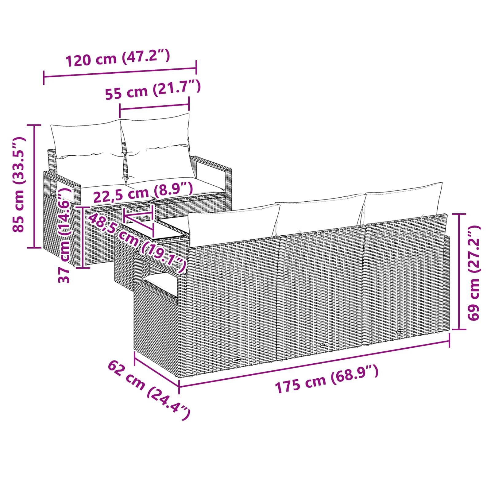 Set di divani 6 pz 5-Numero di posti Nero e Turchese polyrattan