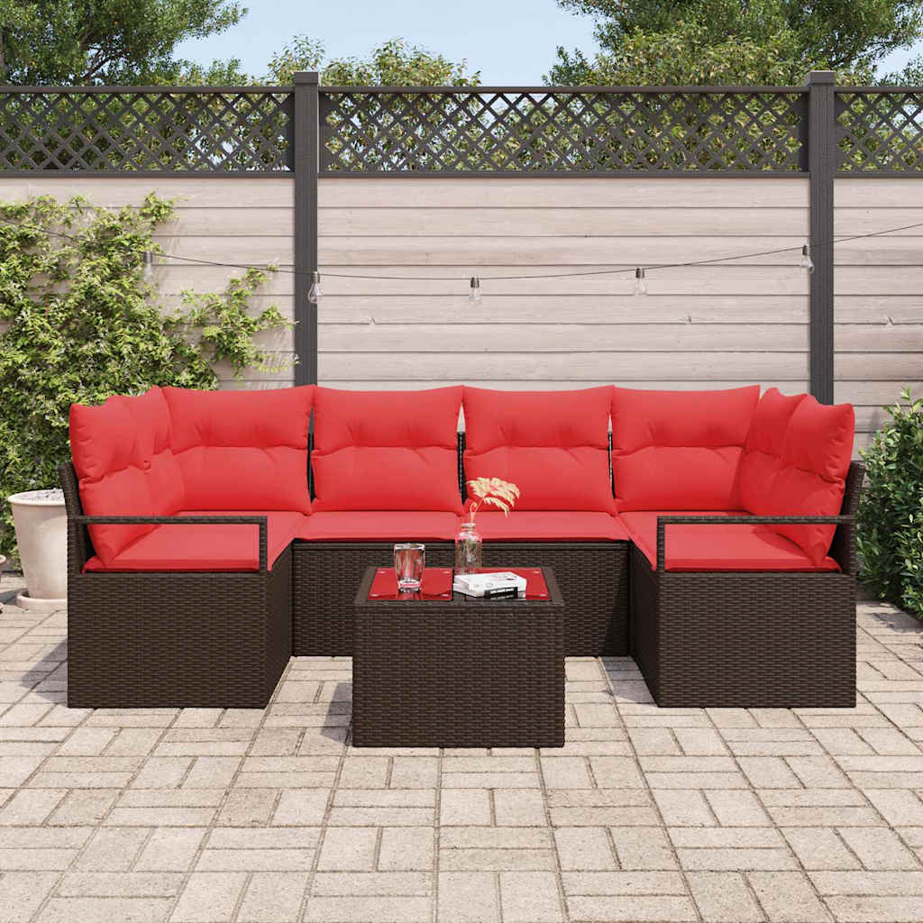 Set di divani 7 pz 6-Numero di posti Marrone e Rosso polyrattan
