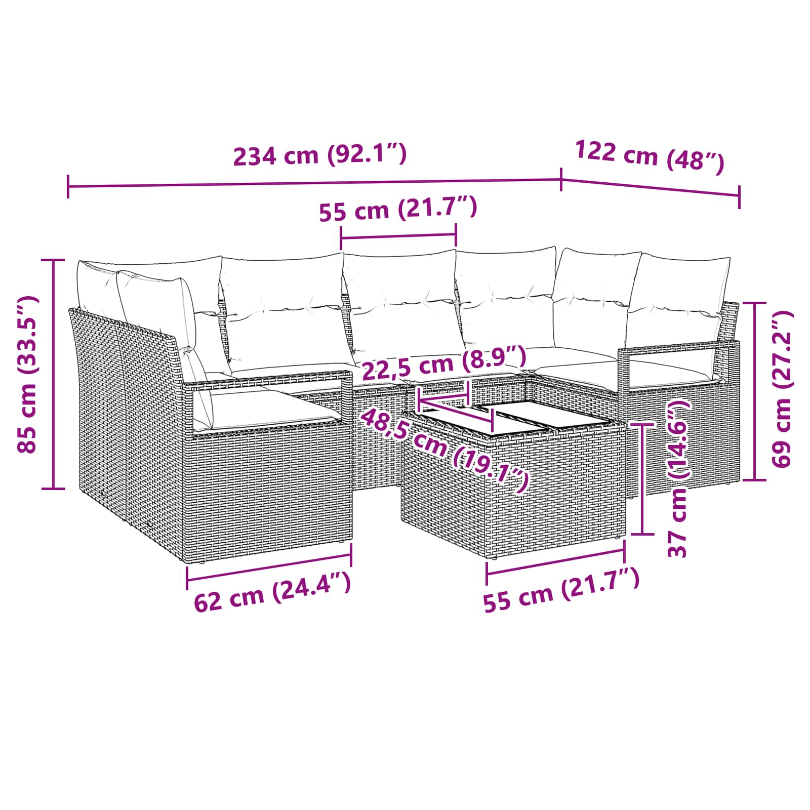 Set di divani 7 pz 6-Numero di posti Marrone e Rosso polyrattan