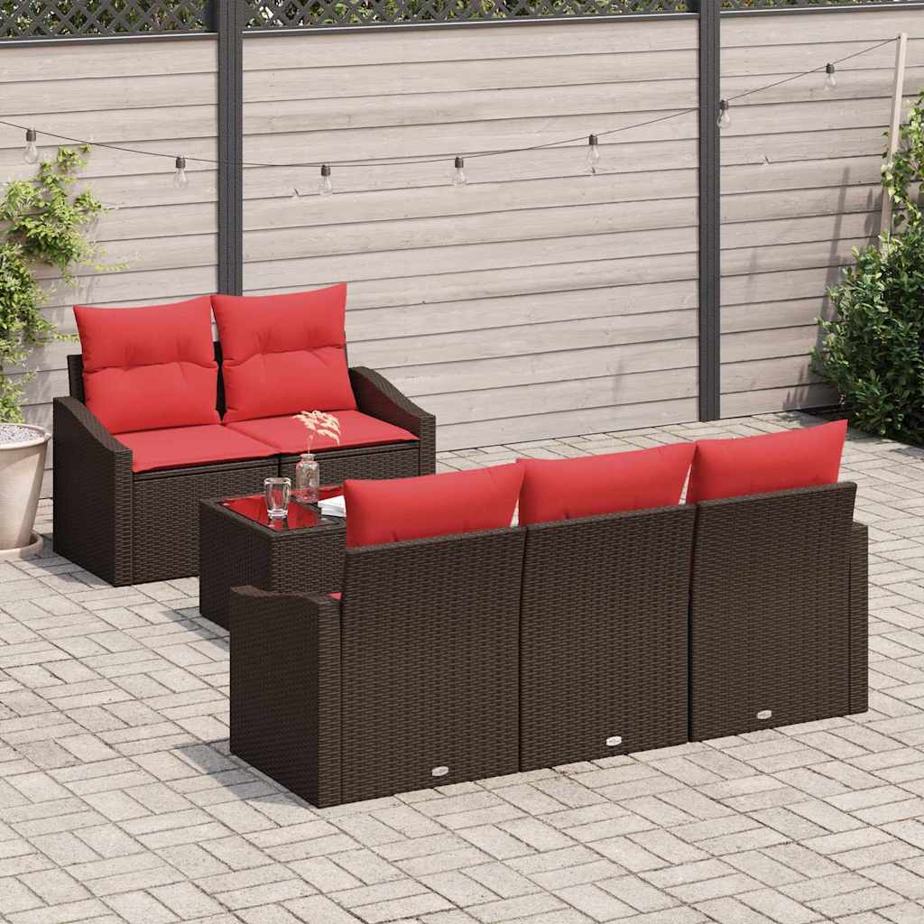 Set di divani 6 pz 3-Numero di posti Marrone e Rosso polyrattan