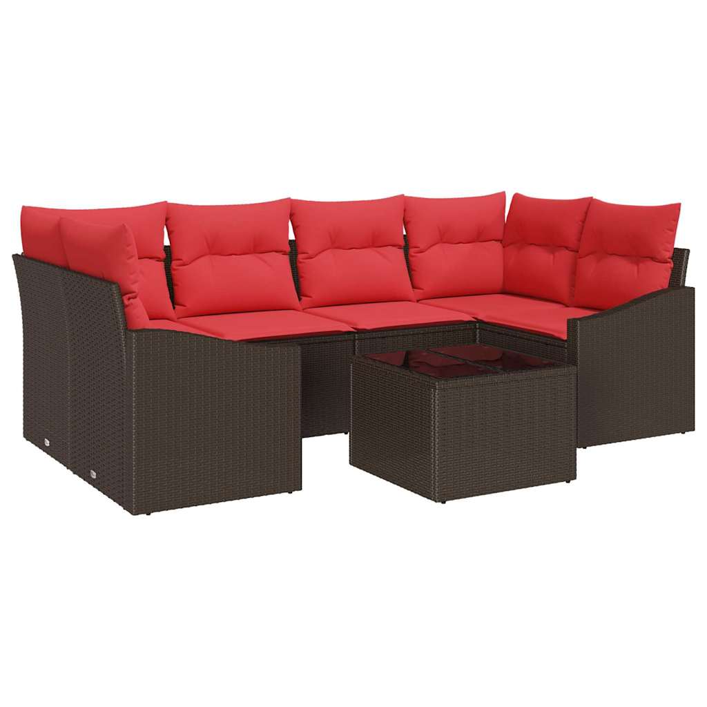 Set di divani 7 pz 3-Numero di posti Marrone e Rosso polyrattan