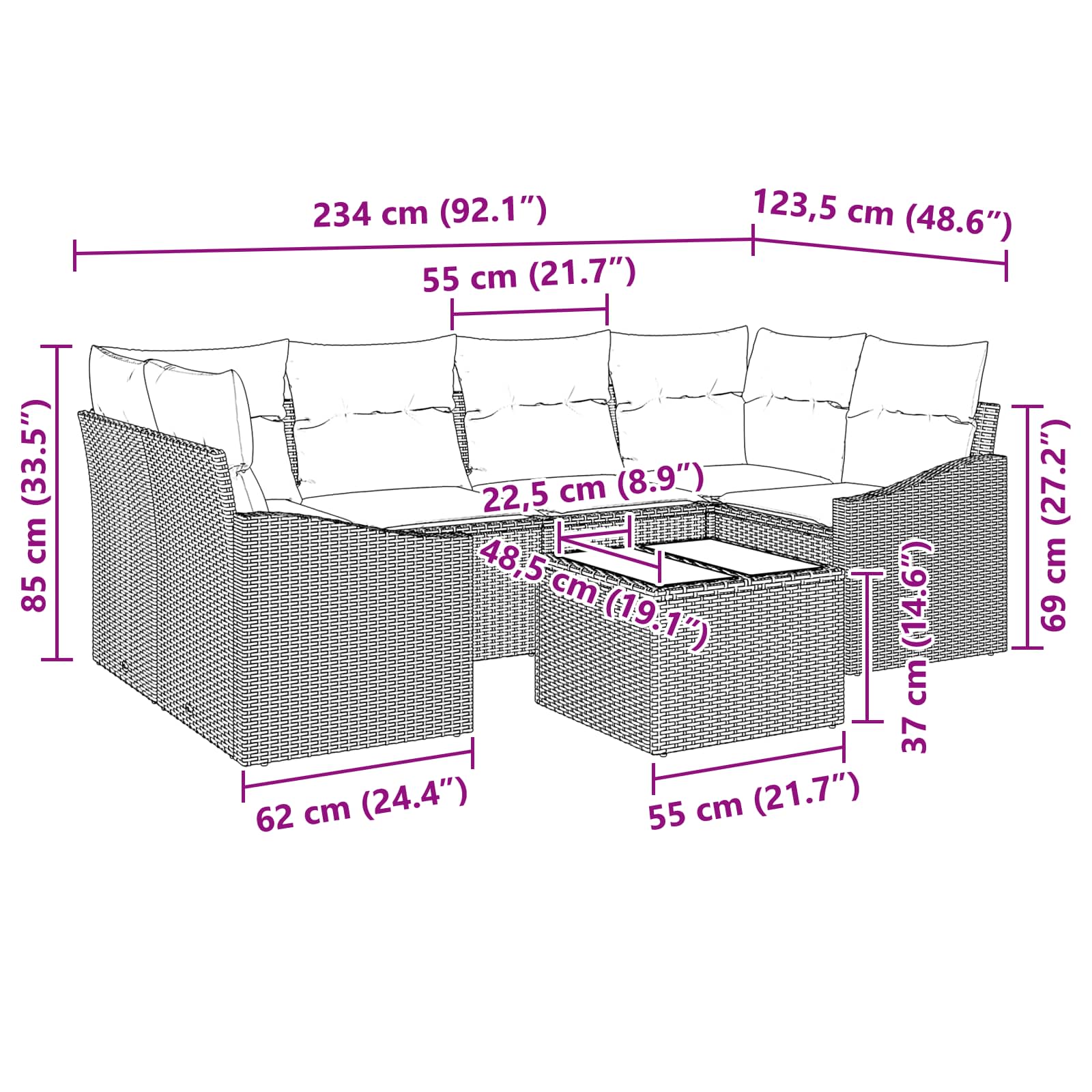 Set di divani 7 pz 3-Numero di posti Marrone e Rosso polyrattan