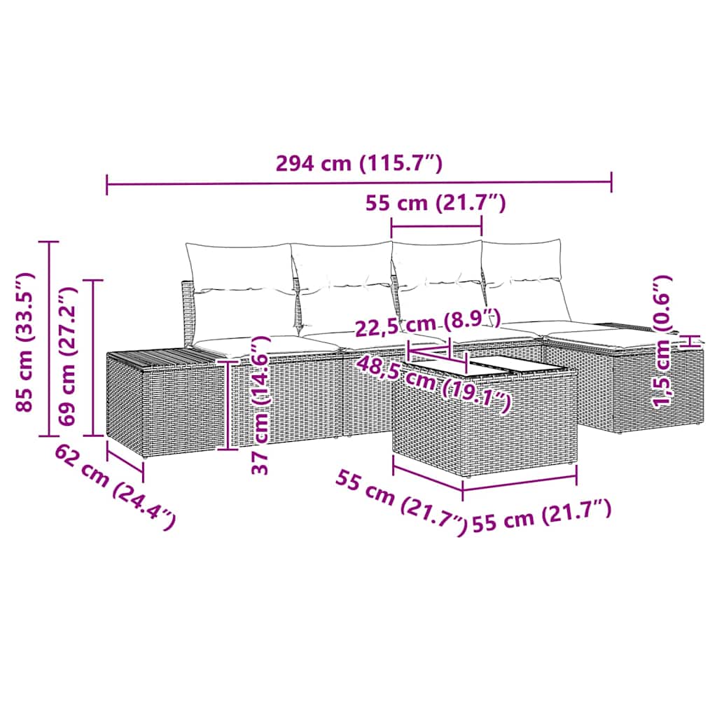 Set Divano da Giardino 6 pz Beige polyrattan