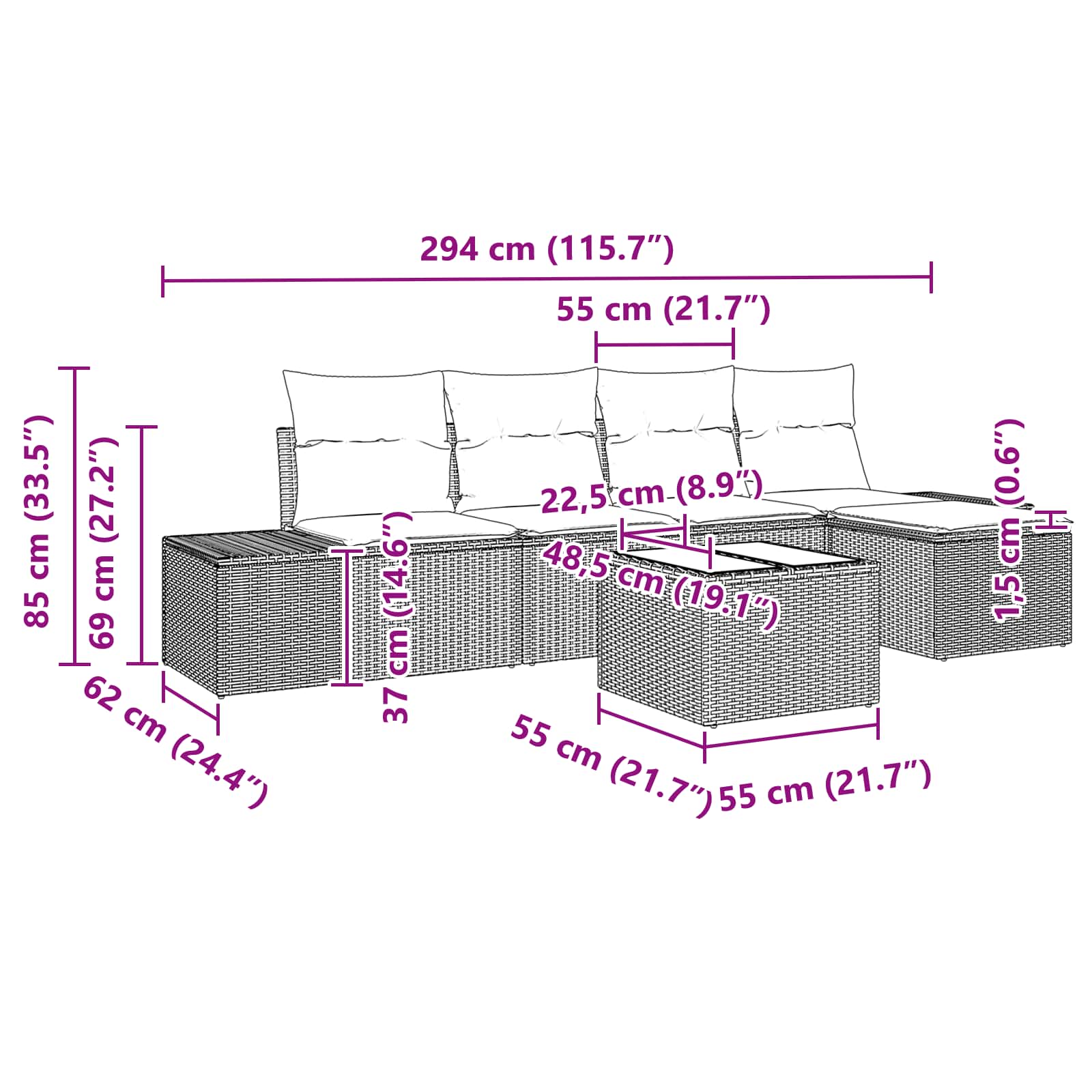 Set Divano da Giardino 6 pz Nero polyrattan