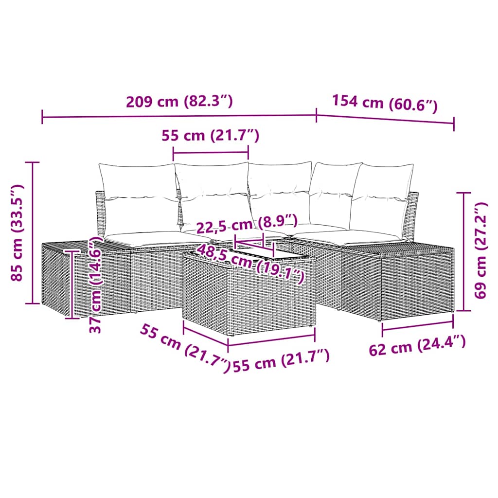 Set Divano da Giardino 5 pz Nero polyrattan