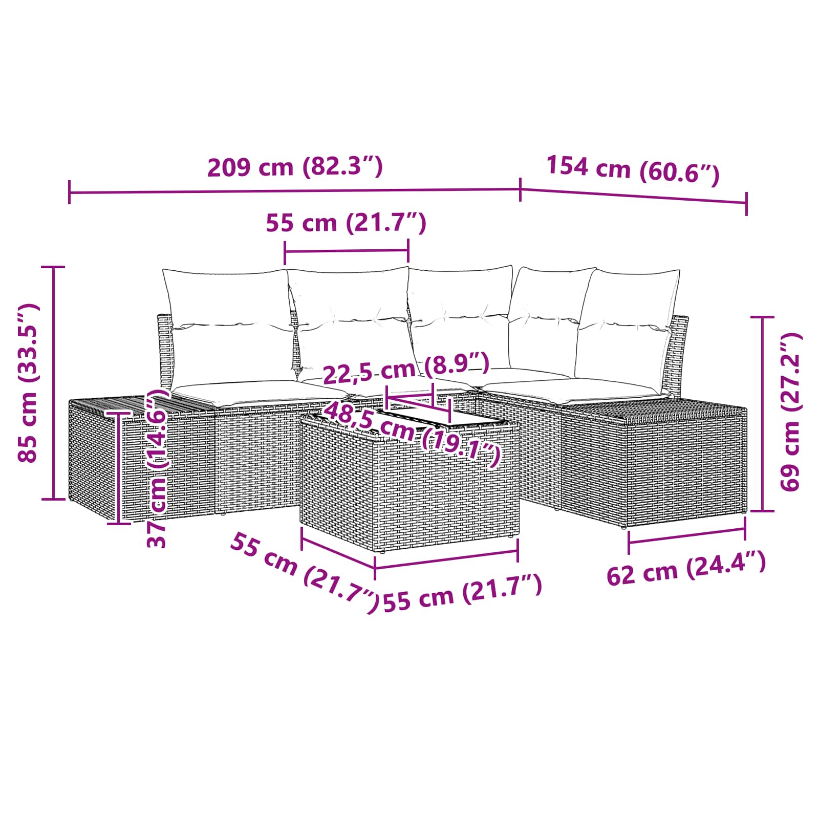 Set Divano da Giardino 5 pz Nero polyrattan