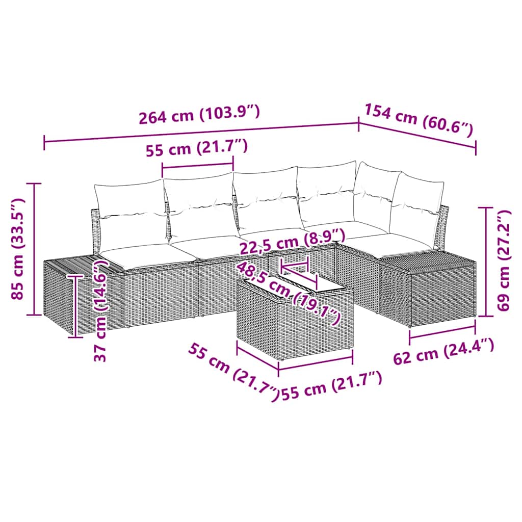 Set Divano da Giardino 6 pz Nero polyrattan