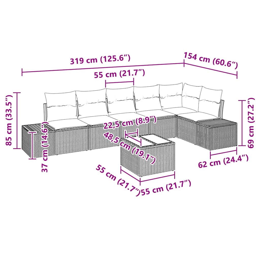Set Divano da Giardino 7 pz Marrone e Crema polyrattan
