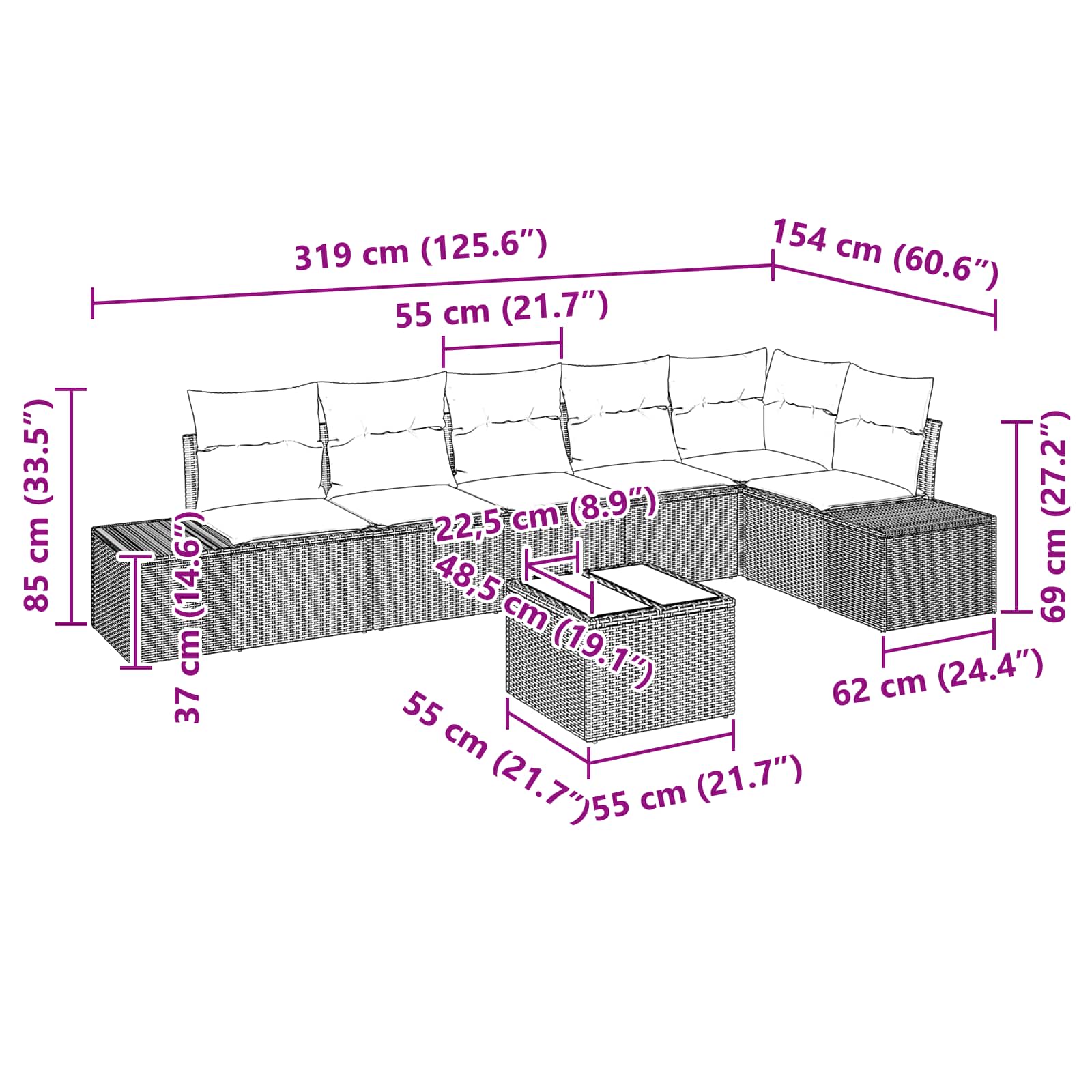 Set Divano da Giardino 7 pz Marrone polyrattan