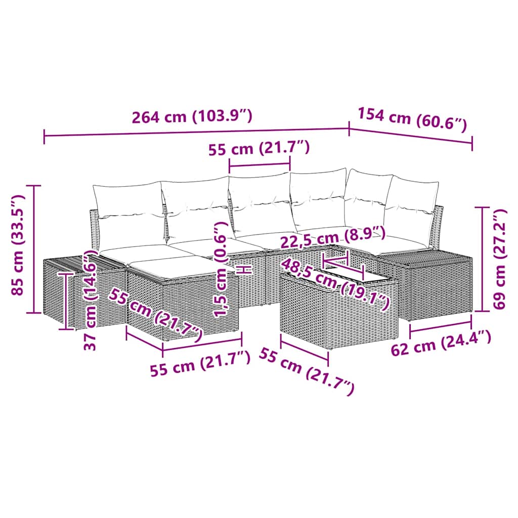 Set Divano da Giardino 7 pz Marrone e Crema polyrattan
