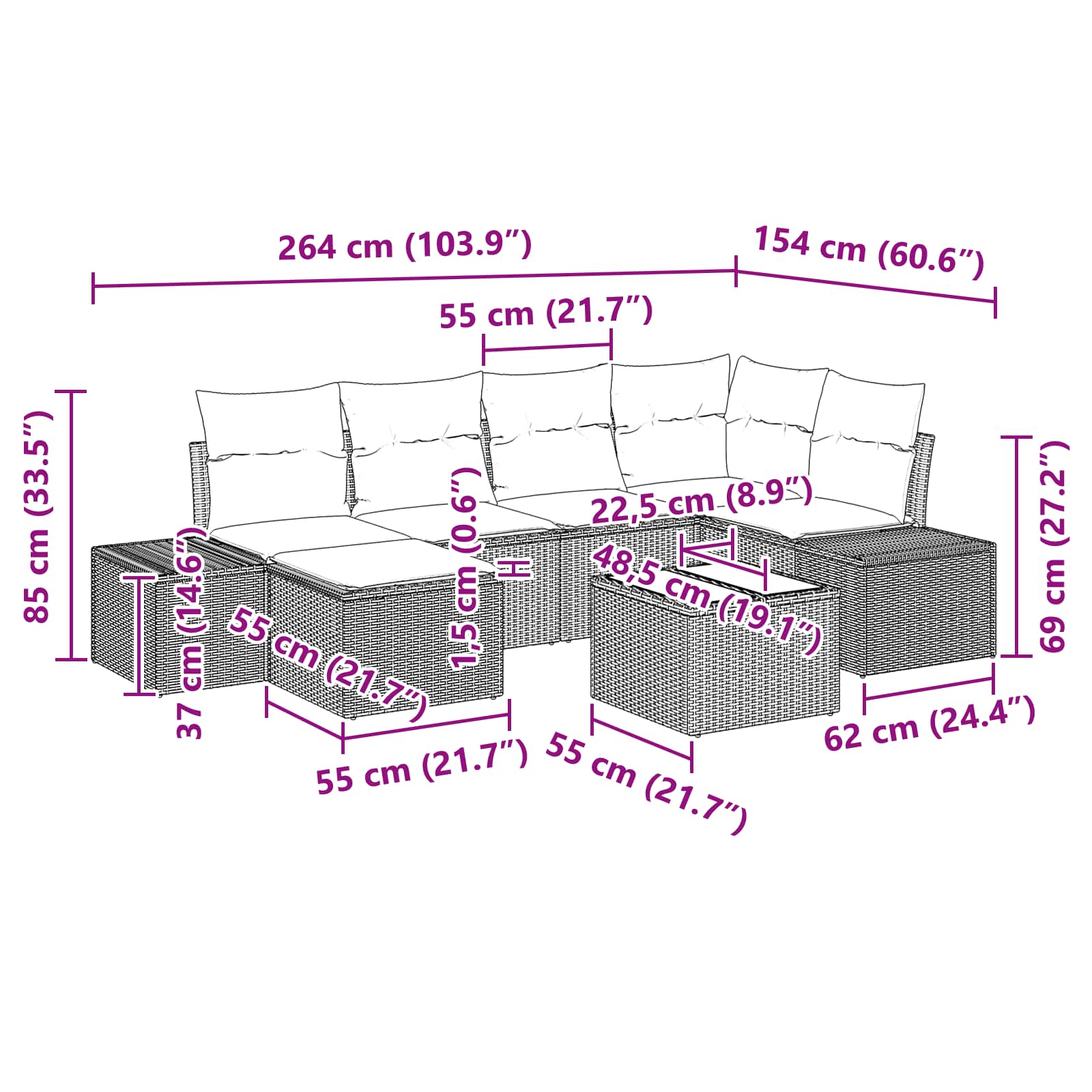 Set Divano da Giardino 7 pz Marrone polyrattan