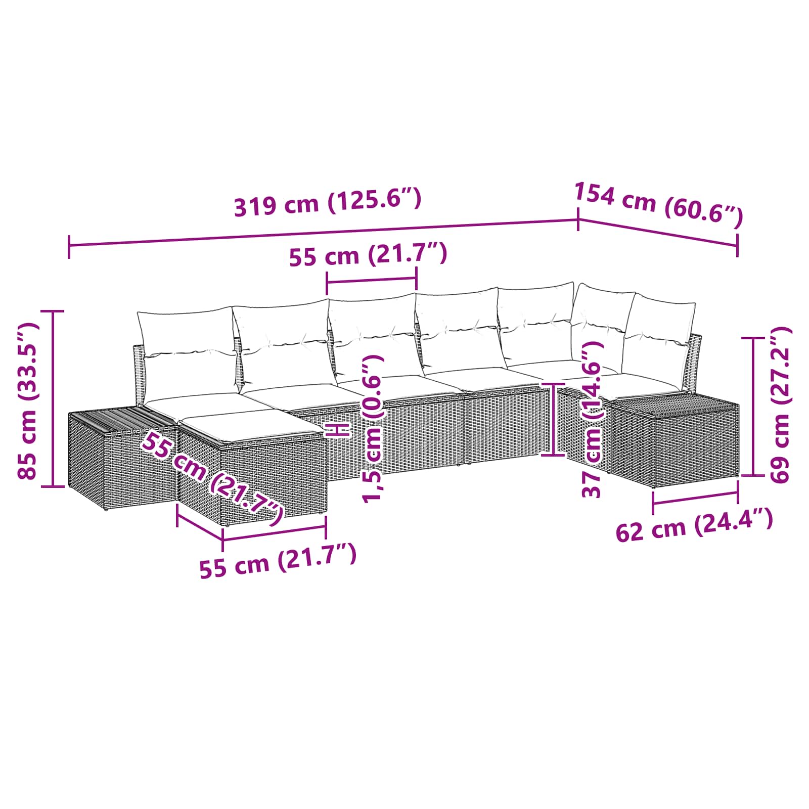 Set Divano da Giardino 7 pz Marrone polyrattan