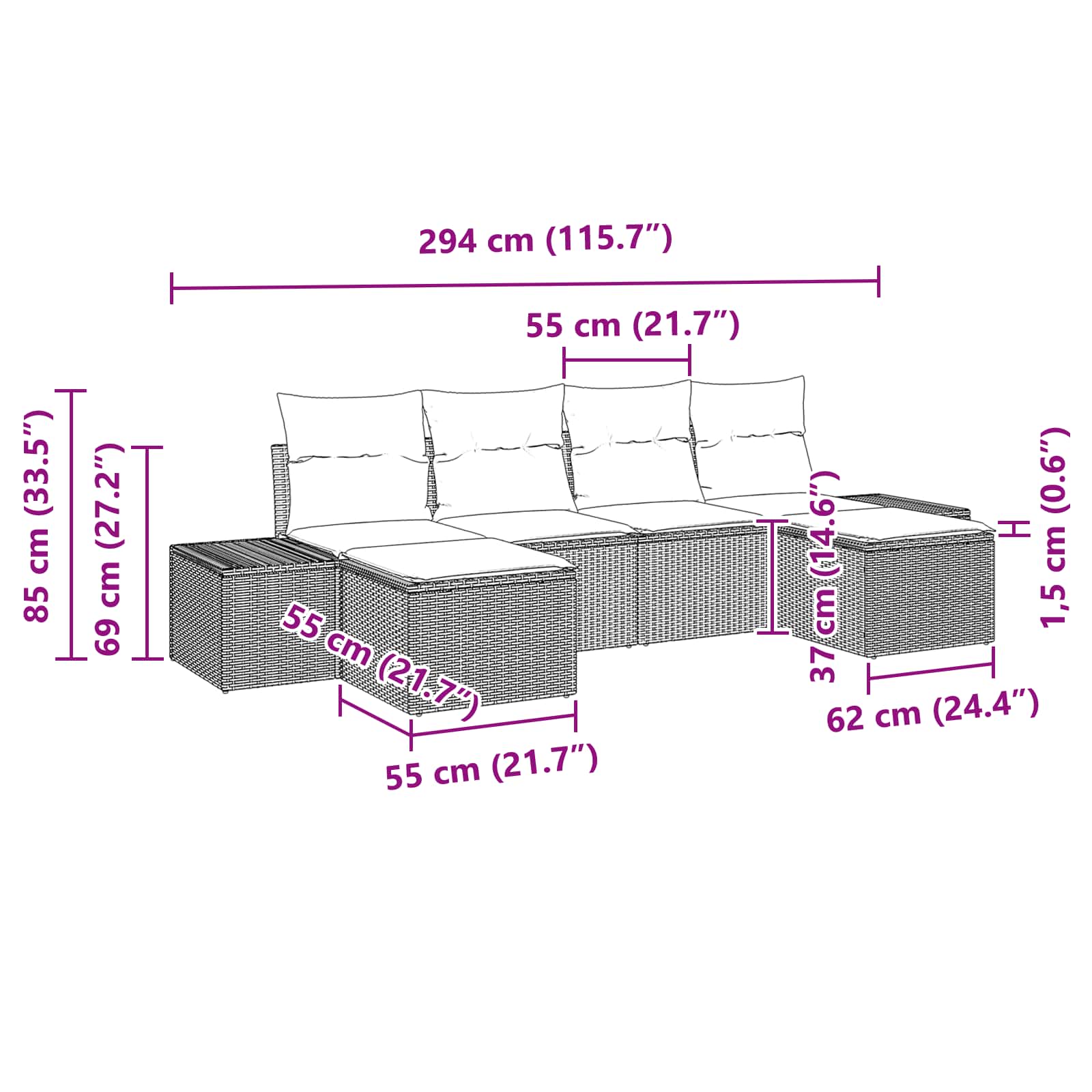 Salotto da giardino 6 pz polyrattan nero modulare