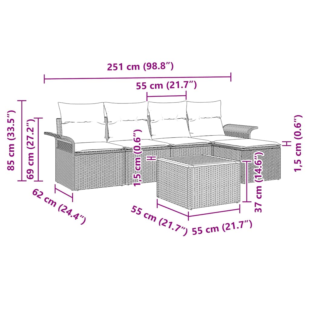 Set Divano da Giardino 6 pz Beige polyrattan